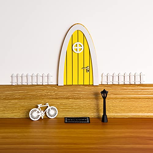 Miniature Yellow Outdoor Handpainted Garden Fairy And Elf Doors With Fairies Accessories Lamp Fairy Tiny Fence And Little Wooden Bike (Yellow) #TOP2