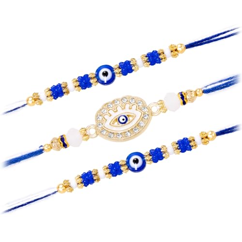 Image of Peora Evil Eye & Crystals Studded Rakhi for Brother Bhaiya | Red Thread | Raksha Bandhan Hamper with Roli Chawal Greeting Card