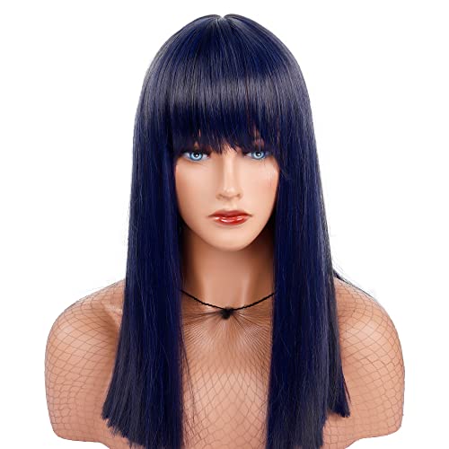 MEIRIYFA Long Straight Wig with Air Bangs for Women Girl Fashion Synthetic Hair Replacement Full Wig for Cosplay Daily Party (Blue-black)18Inch