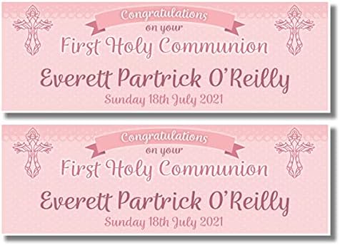 2 Personalised First Holy Communion Banners - Design 2 (Congratulations on your) Any Name & Date - Available for GIRL or BOY (Pink)
