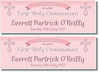 2 Personalised First Holy Communion Banners - Design 2 (Congratulations on your) Any Name & Date - Available for GIRL or BOY (Pink)