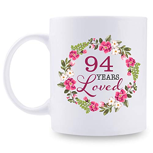 94th Birthday Gifts for Women - 94 Years Loved with A Garland Birthday Mug - 94 Year Old Present Ideas for Grandma, Mom, Daughter, Sister, Wife, Friend, Cousin, Aunt, Coworker - 11 oz Coffee Mug