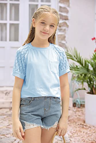 Image of Girls Summer Short Sleeve Shirts Lace Casual Cute Crew Neck Solid Color Blouses Tops Sizes 6-15 Years