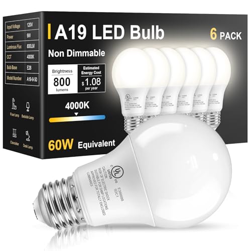 TJOY 6 Pack LED Light Bulbs 60 Watt Equivalent, Natural White 4000K A19, Efficient 9W, E26 Standard Base, 800 LM Energy Saving Lightbulbs for Home Bedroom Living Room Office, Non-Dimmable, UL Listed