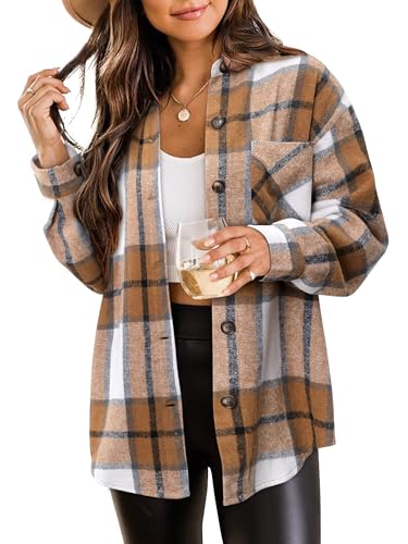 ZOLUCKY Womens Flannel Jacket Plaid Shirts Button Down Long Sleeve Casual Oversized Shacket Coats Outwear, Camel Brown 2XL