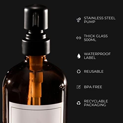 NIKITA Amber Glass Dispensers - Stainless Steel Pump Bottle Dispenser - Conditioner, Body Wash, Shampoo Bottles - Waterproof Bathroom Shower Gel Dispenser - Shower Soap Dispenser (Set of 3)