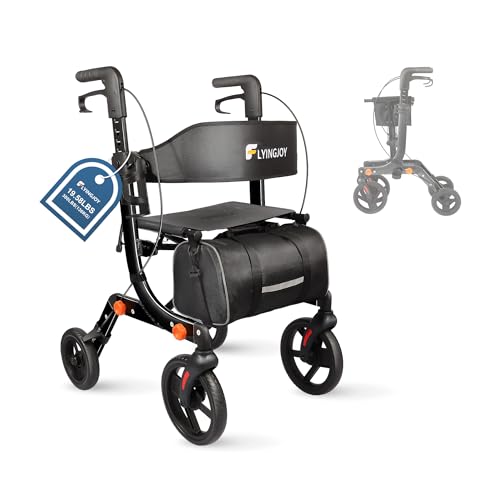 Flyingjoy Lightweight Rollator Walker with Seat for Seniors, Foldable Rolling Walker with 10 Large All-Terrain Puncture-Proof Tires, Adjustable Height, Hand Brakes, and Storage Bag (19.58 lbs)