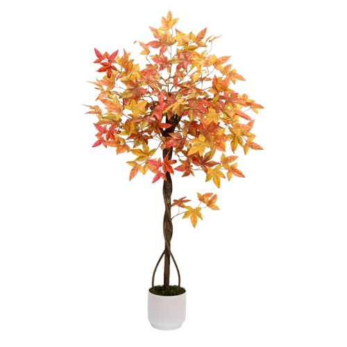 Howngyesimu Artificial Maple Tree, 4FT Orange Potted Fake Plants Autumn Decoration Fall Tree for...