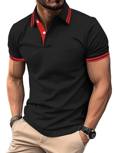 zitysport Poloshirt Herren Kurzarm Shirt Atmungsaktives Golf Polo Shirt Männer Sommer Shirts Sport Basic Slim Fit Tshirt mit Brusttasche Polohemd(Schwarz-M)