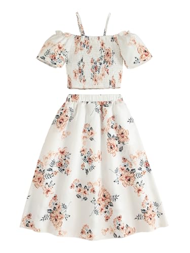 Image of Girls Summer Clothes 2 Piece Outfits Kids Floral Print Off Shoulder Crop Top and Shorts Skirt Clothes Set