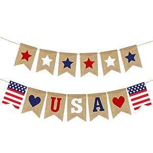 USA Banner Burlap 4th of July Decorations Rustic Patriotic Banner Red White Blue Stars Bunting Garland for President Day 4th of July Party Supplies 4th of July Patriotic Outdoor Indoor hanging Decor