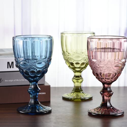 Wongblee Vintage Glass Goblets 10.8 Oz, Embossed Stemmed Glasses, Assorted Colored Drinking Glasses For Wine, Water, Juice, Beverage, Set Of 4 #TOP4