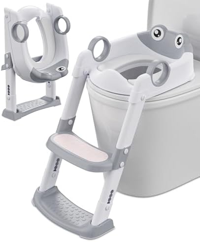 Kinder Toilettentrainer mit Treppe höhenverstellbar klappbar | Gepolsterter Sitz mit Handläufen, platzsparend, leicht zu reinigen für Töpfchentraining