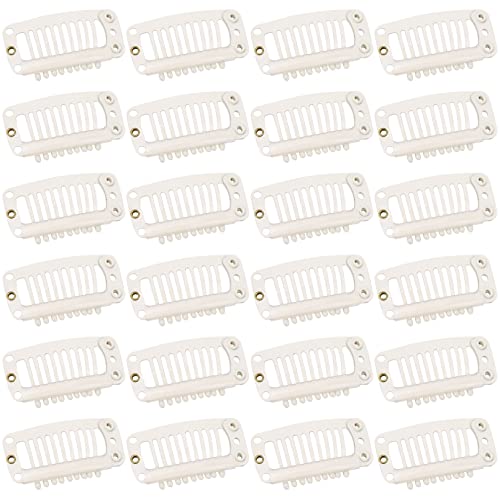 REECHO 24 pcs Hair Extension Clips, 31mm 9-Teeth Wig Clips for Extensions, Hairpieces, Wigs, Toupee with Rubber Silicone Back Snap Clips Wig Accessories- Beige
