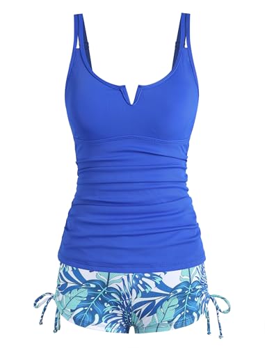 ZAFUL Womens Tummy Control Bathing Suits Tummy Control Modest Tankini Swim Suits V-Wire Round Neck Top with Leave Printed Shorts Royal Blue Coconut XL — view 6