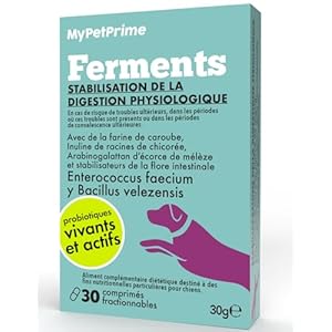 MyPetPrime Ferments Lactiques Probiotiques Chien 6,5M UFC – 30 CPR Probiotiques – Formule Vétérinaire – Système Digestif, Système Immunitaire, Antioxydant.