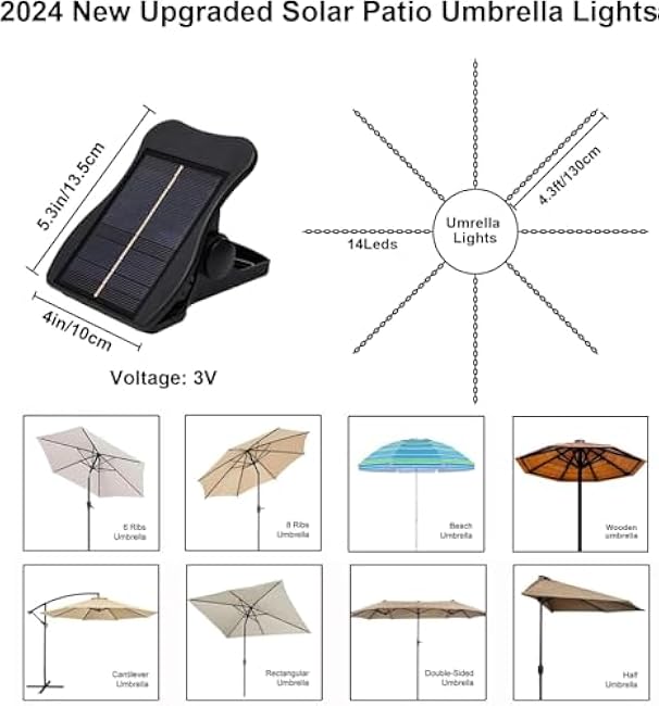 VOOKRY Solar Umbrella Lights Outdoor, Waterproof Solar Powered Patio Umbrella Lights Cordless 8 Modes LED Umbrella Patio Lights for Beach Tent Camping Garden Party Decoration(Warm White)