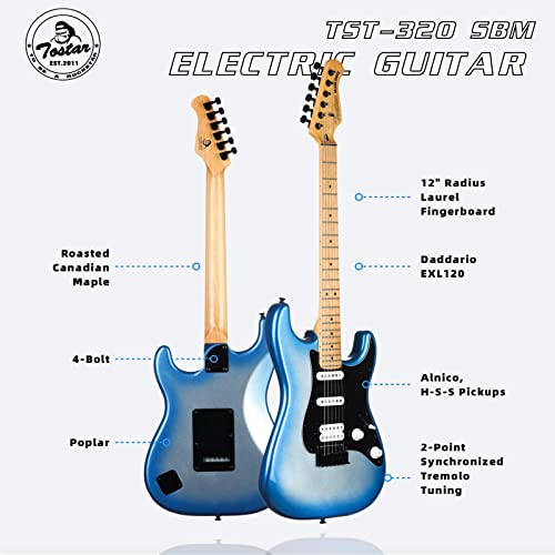 39” Professional Solid Body Electric Guitar Kit, Right Guitar Electric, Hss Pickup With Coil Split, Amp, Straps, 4*Guitar Picks, 6*String Set, Tuner, Cable, Electric Guitar Bag (Sky Burst Metallic) #TOP1