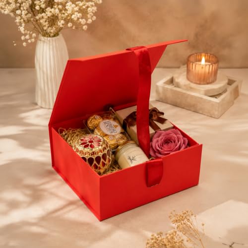 Image of Kura by Ekhasa Foldable Large Multipurpose Gift Hamper Box (21.5 x 21 x 9.5 cm) with Magnetic Closure & Ribbon | Red Rigid Cardboard Empty Reusable Packing Box | Birthday, Wedding & Festive Gifting