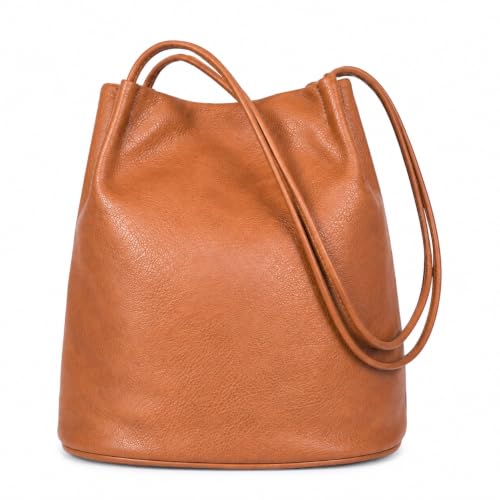 Image of Mabel London Women's Fashion Designer Medium Size Plain Soft Vegan Leather Hobo Bucket Tote Shoulder Bag - Delilah (Medium Tan)