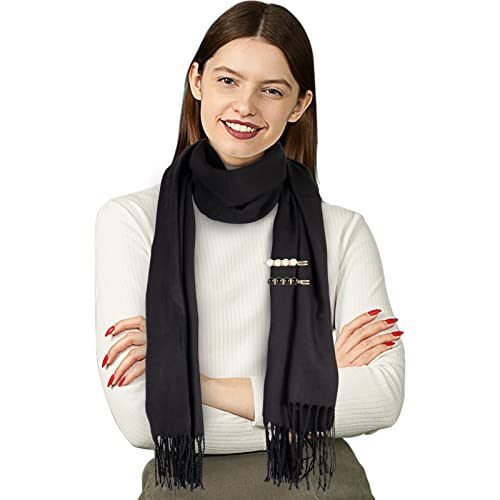 Écharpe En Cachemire Chaude Avec Pompons Écharpes Longues Et Chaudes Avec Pull En Fausse Perle Pour Homme Et Femme Écharpe D'hiver, Foulard Noir+2 Broches, Noir, Taille Unique Cover
