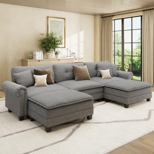 Image of HERA'S HOUSE 116 inch Oversized U Shaped Modular Sectional Couch Living Room | Mid-Century Modern 5-Seater Cloud Sofa, Dark Gray, Rolled Arms & Nailhead Trim, Wider & Deeper Seats, Ottoman, Linen