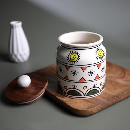 Image of Ceramic Jar & Container for Kitchen Storage Set | Multi Utility Air Tight Kitchen Organizer Items | Tea Coffee Sugar Container with Wooden Lid (Hand-Painted, 450 ML, Pack of 1)