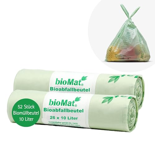 bioMat 10l kompostierbare und klimaneutrale Bioabfallbeutel mit Henkel, 52 Stk. Biomüllbeutel, DIN+ Zertifiziert, Grün