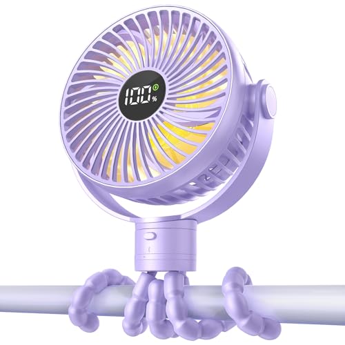 Portable Stroller Fan, 4000mAh Rechargeable Clip on Baby Fan 25H Battery Life, Head Detachable 360° Rotate Mini Fans, 4 Speed Personal Fans with Night Light for Car Seat Crib Bike Treadmill, Purple