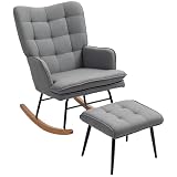HOMCOM Schaukelstuhl Schwingsessel mit Hocker, Armlehnsessel, Sessel mit Leinenoptik, Schaukelsessel bis 130 kg Belastbarkeit für Schlafzimmer, Wohnzimmer, Dunkelgrau