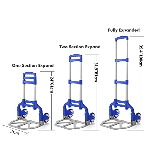Caflower Folding Hand Truck, Aluminium Portable Folding Trolley With 3-Position Folding Pulley Handles, Load Capacity 175 Lbs For Home, Office And Travel Use.(Blue Sliver Aluminum+Pvc Wheels) #TOP1