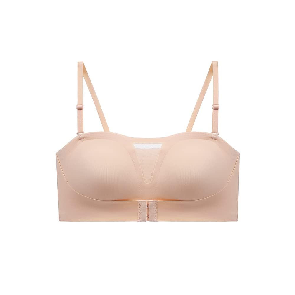 FFWTPY Women's Strapless Front Buckle Lift Bra - Removable Padded Bandeau, Seamless Wirefree Invisible Push Up Bralette, Tube Top Underwear With Convertible Straps, Beige