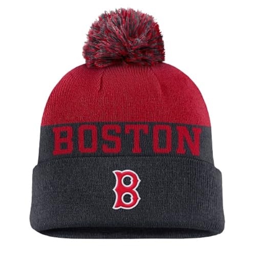 Nike Men's MLB Rewind Peak Cuffed Knit Hat with Pom (US, Alpha, One Size, Black/Red, Boston Red Sox)