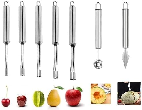 Kruvad Multi-Function Stainless Steel 7 Pcs Corer and Pitter Fruit & Vegetable Corer and Pitter Remover Set for Apple, Pear, Cherry, Jujube, Berry, Chili in Sharp Serrated Blade [ 20x14x1.5 CM ]