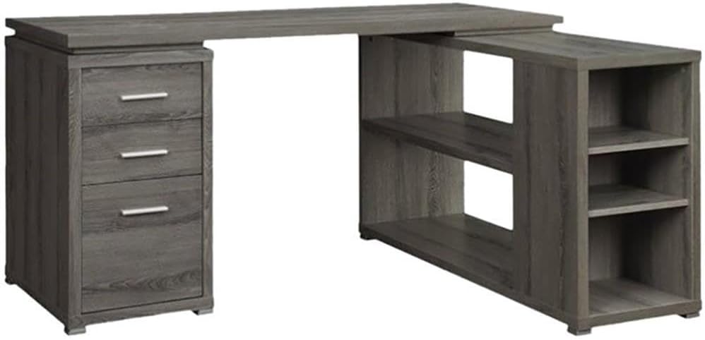 Scranton & Co Contemporary L Shape Writing Desk, 29.5" H x 60" W x 47.25" D, MDF Wood, Weathered Gray and Silver Finish, 3 Drawers, File Cabinet, Open Shelves, Reversible Setup, Home Office Furniture