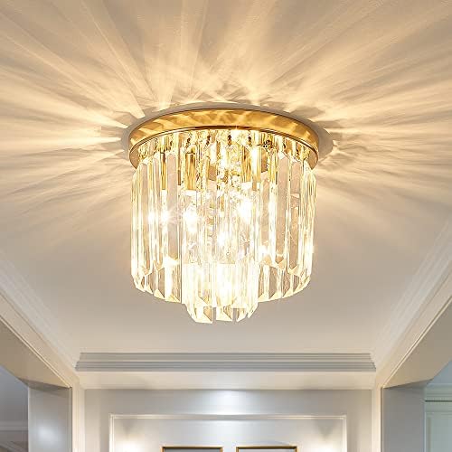 Gopmmy Modern Ceiling Light Crystal Chandelie,2-Tier French Gold Flush Mount Pendant Lighting Fixture for Kitchen Island Light Living Room Bedroom (3-Lights)