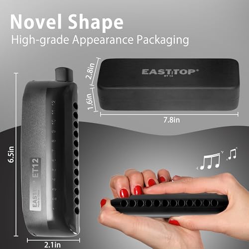 Image of EAST TOP 12 Hole Chromatic Harmonica C Key Mouth Organ for Adults and Professionals with Unique Modern Design ET12, Black Cover