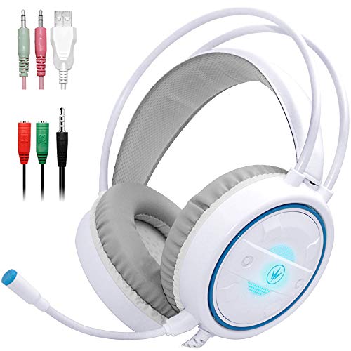 DLAND Auriculares con micrófono y luz led para teléfono Celular, PS 4 y Xbox, 3, Auriculares con Aislamiento de Ruido con Cable de 5 mm para Juegos con Control de Volumen - Blanco