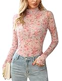 Ugerlov Womens Lace Long Sleeve Mesh Top Floral Mock Neck See Through Going Out Top with Thumb Hole Party Outfits Shirts,C Floral Cream S