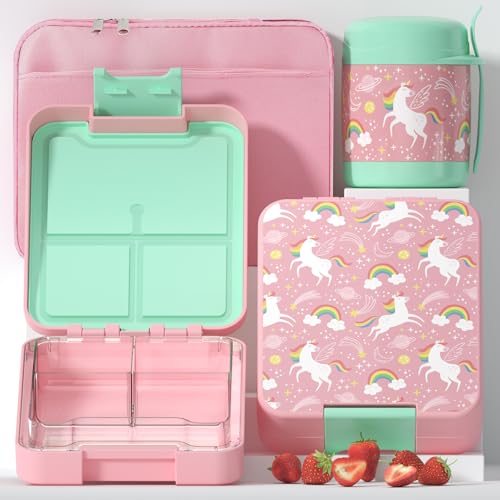 Godobo Bento Lunch Box for Kids with 11oz Soup Thermo, Leakproof Lunch Containers with Thermos for Hot Food, Food Thermos and Insulated Lunch Bag for Kids to School (Pink-Unicorn)