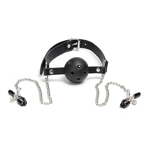Image of DFsucces Leather Restraints Ball Mouth Plug Silicone Bondage Ball Gag Hollowed-Breathable Silicone Sex Gag Muzzles Adjustable Strap Bondage Harness Restraints( (Black-J1)