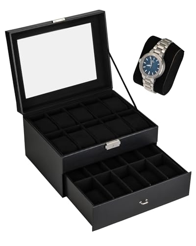 shelfmade Uhrenbox PU-Leder - Uhrenaufbewahrung schwarz - Uhrenkasten mit edlem Samt - Uhrenkoffer, Uhren Box für 20 Uhren - Uhren Aufbewahrungsbox mit Schloss (schwarz)