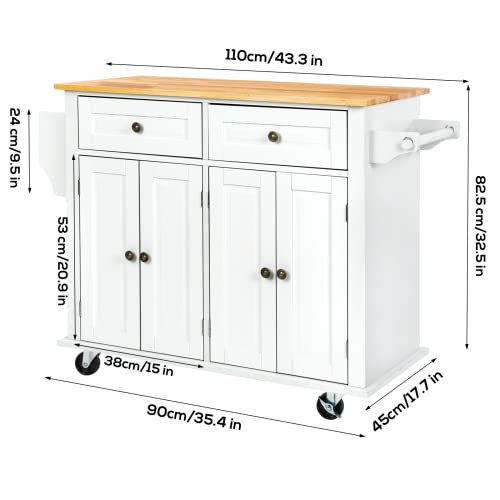 Tusy 43" Kitchen Island With Storage, Rolling Kitchen Cart With Lockable Wheels, Solid Wood Tabletop Kitchen Island Table For Kitchen, Living Room, White #TOP5