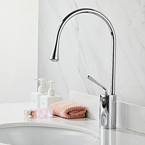 Salle de bains moderne avec le lavabo à poser ISCBAFYX et son mitigeur haut en cuivre chic