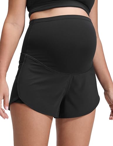 CRZ YOGA Women 2 in 1 Maternity Workout Shorts Over Belly 3’’ Split Soft Athletic Running Casual Pregnancy Shorts with Pocket Black Medium