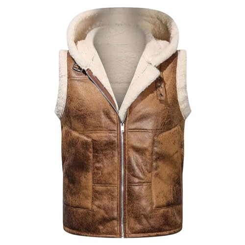 Mens Winter Vests Outerwear Hooded Fleece Lined Faux Leather Chunky Casual Vest Jacket Plus Size Coat With Pocket