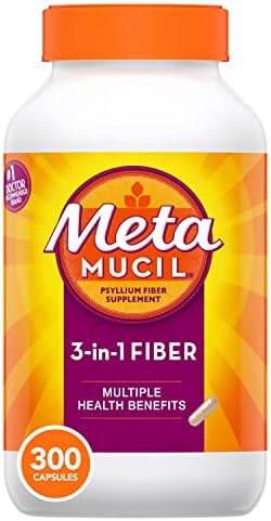 Metamucil, Daily Psyllium Husk Powder Supplement, 3-in-1 Fiber for Digestive Health, Plant Based Fiber, 300ct Capsules