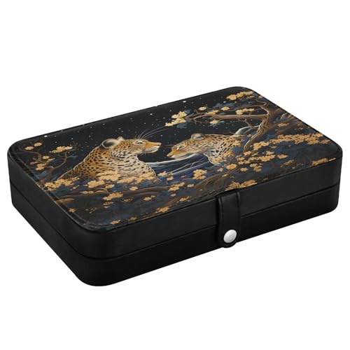 senya Leopard Leather Jewelry Box, Golden Leopard Necklace Ring Earrings Storage Organizer for Women Travel Jewelry Organizer