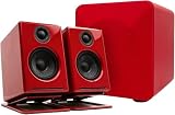 Audioengine A2 Red Speakers with DS1M Red Metal Stands and S6 210 Watt Subwoofer