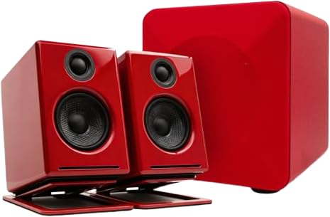 Image of Audioengine A2 Red Speakers with DS1M Red Metal Stands and S6 210 Watt Subwoofer